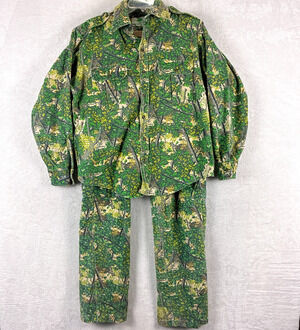 VTG Bushlan Camo Pants Shirt Set Mens M/L Heavy Twill Hunting Outdoors 80s USA
